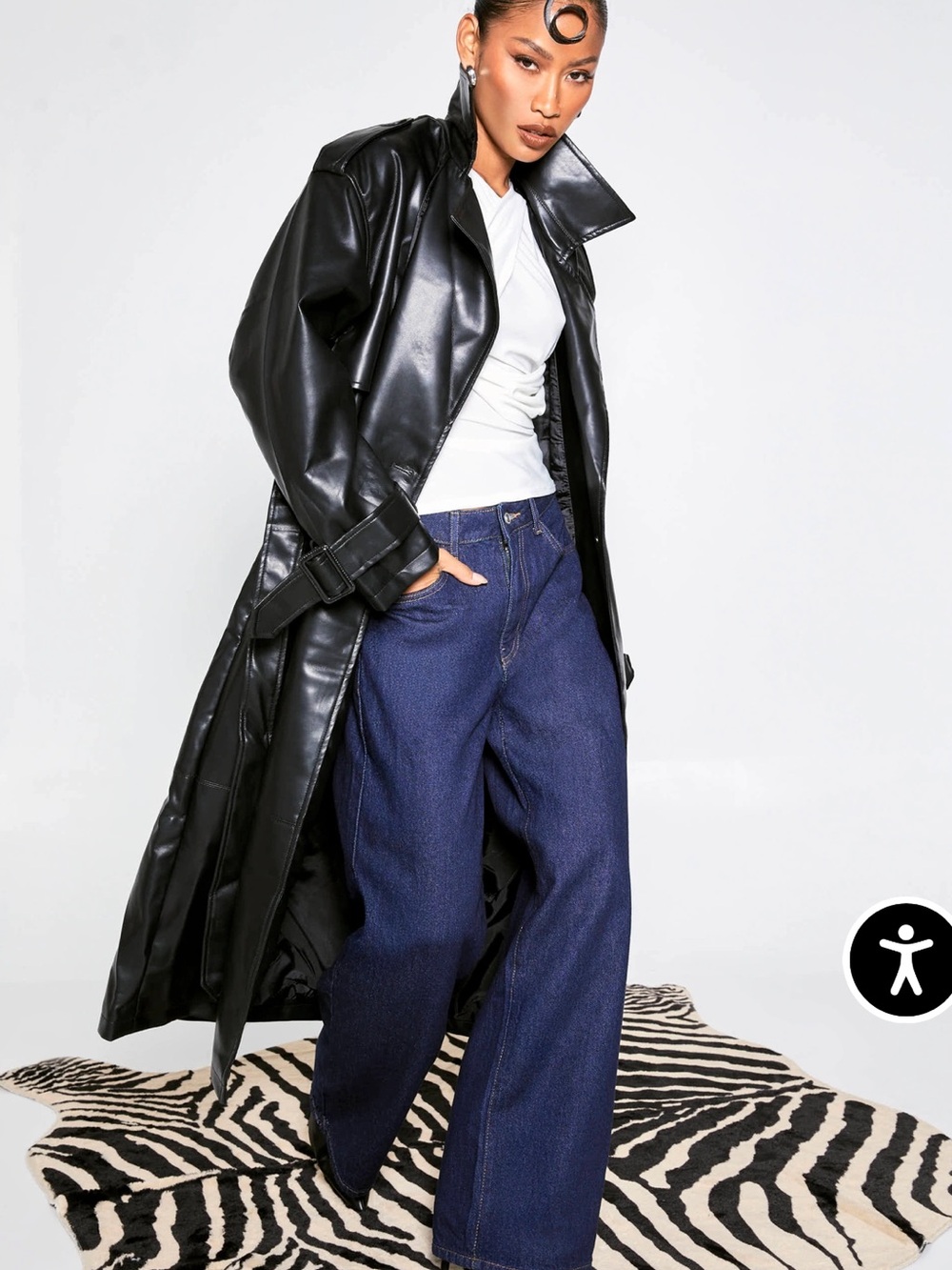 Boohoo Black Faux Leather Long Trench Coat - Picture 2 of 6